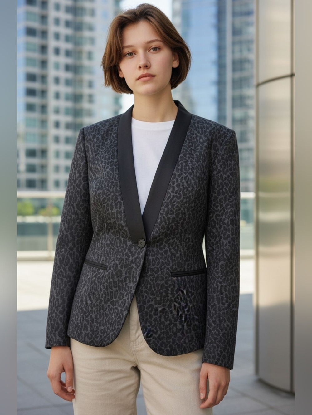 LOFT Animal Print Jacket Cropped 8P Gray On Charcoal Business Blazer Tuxedo Fall
